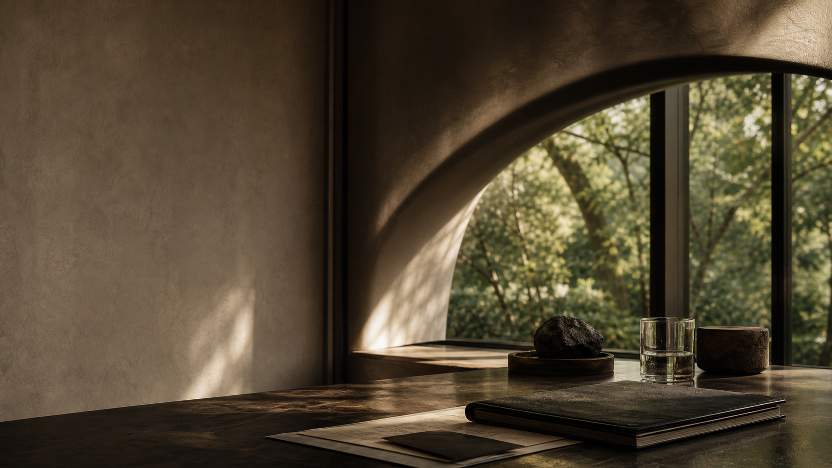 Quiet room with window light, a table, and trees beyond the glass